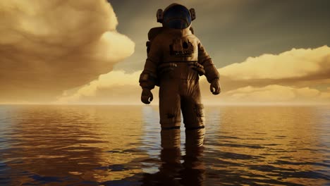 Spaceman-in-the-sea-under-clouds-at-sunset