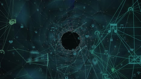 Animation of connected icons forming globes over connected dots tunnel against black background