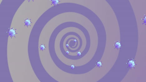 animation of falling covid 19 cells face mask over purple spiral