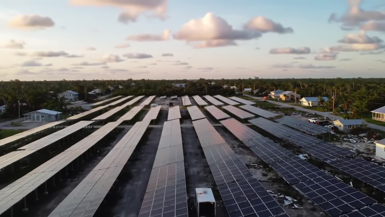Aerial View of Solar Panel Arrays Under a Vibrant Sky: Harnessing Renewable Energy in a Green Power Initiative