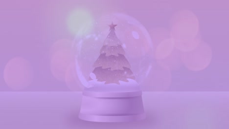 Animation-of-light-spots-falling-over-snow-globe-on-pink-background