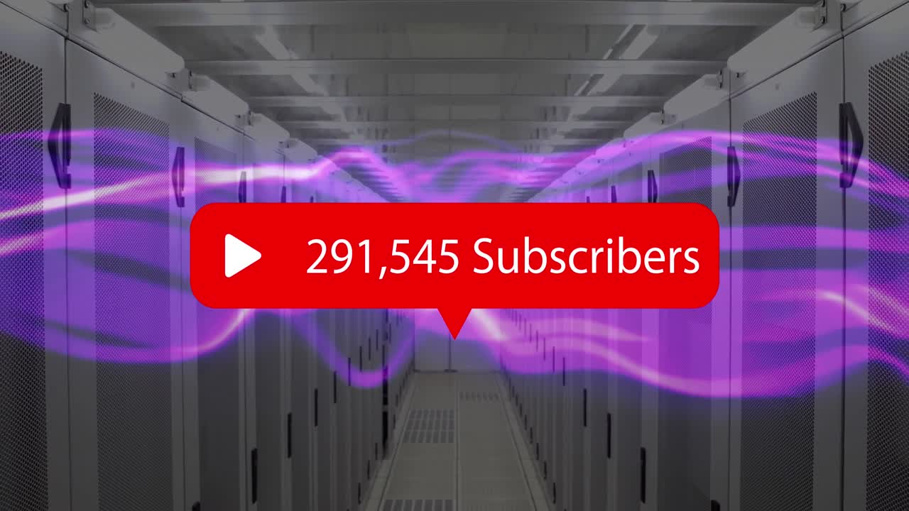 icono de juego con el aumento de los suscriptores sobre ondas digitales púrpuras contra la sala de servidores vacía