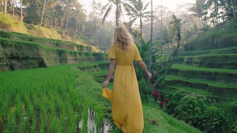 travel woman in rice paddy wearing yellow dress walking in rice terrace exploring cultural landscape on exotic vacation through bali indonesia discover asia