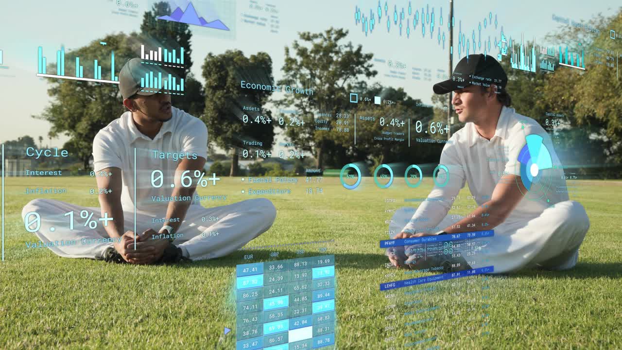 Two men talking on grass sparking AR overlays showing changing numeric readouts for tech analysis