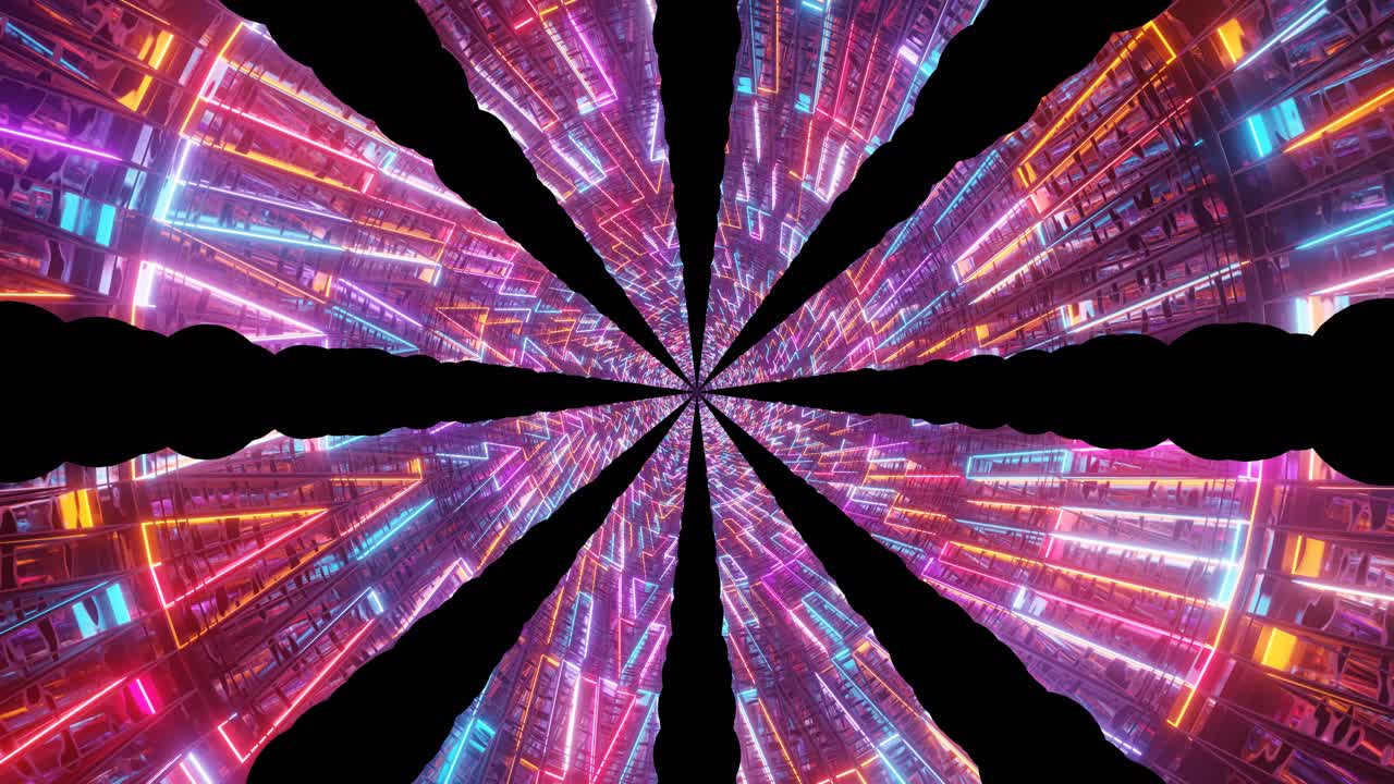 Vibrant neon lights radiate in a spiral formation, creating an immersive tunnel effect