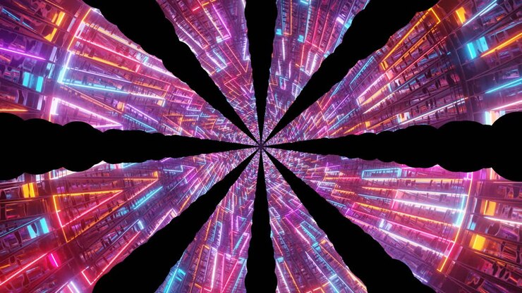 Vibrant neon lights radiate in a spiral formation, creating an immersive tunnel effect