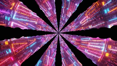 vibrant neon lights radiate in a spiral formation, creating an immersive tunnel effect