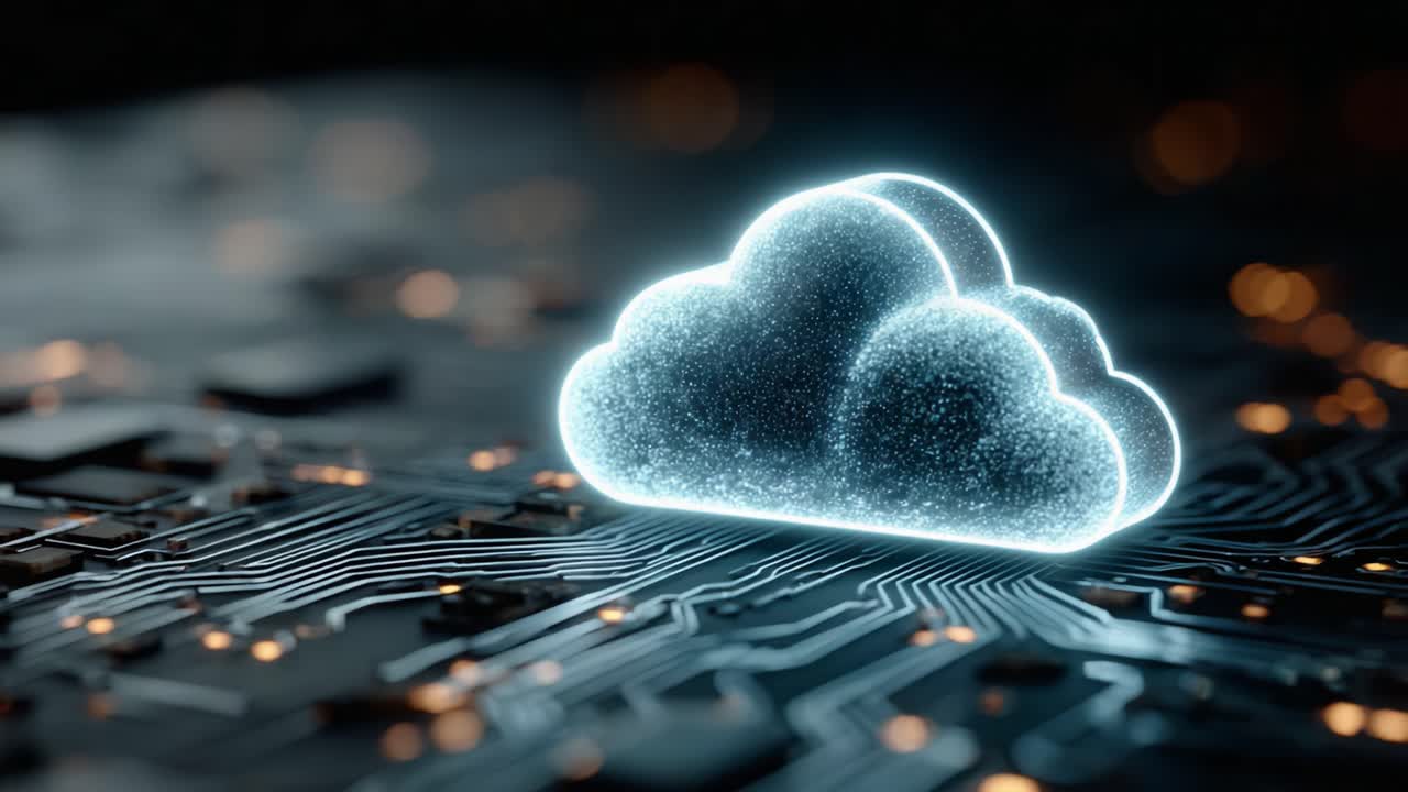 Rappresentazione visiva della tecnologia di cloud computing che mostra un design futuristico con motivi di circuiti e icone cloud luminose su uno sfondo scuro