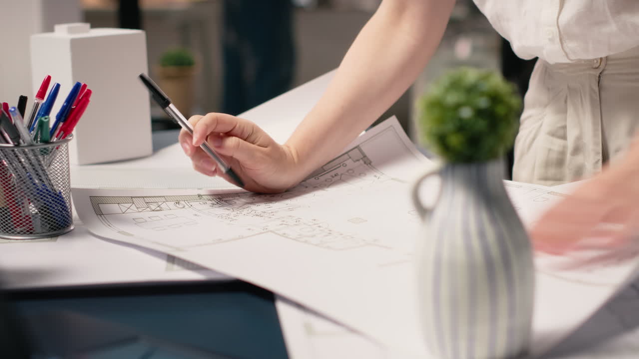 Vertical Video Close up of developer does city planning session with blueprints plan