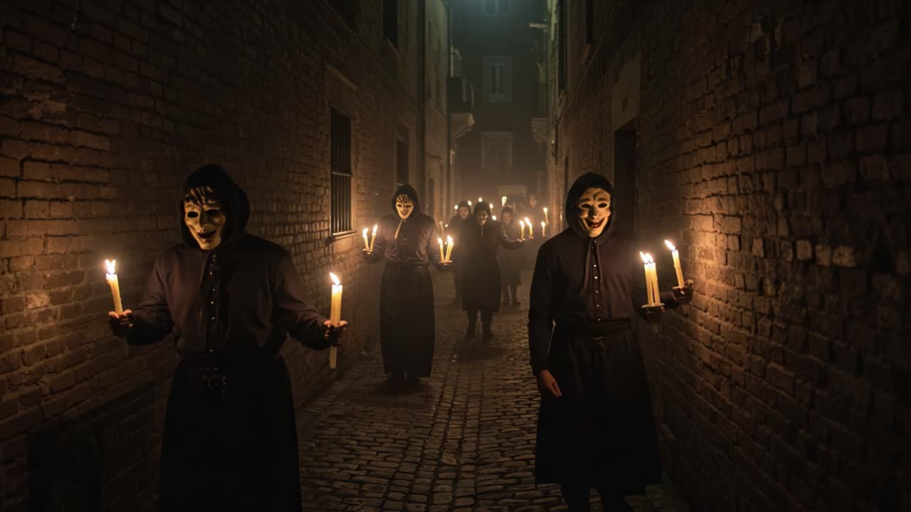 A Mysterious Group of Figures Featuring Masks and Candles Walks Through a Dark Alley, Creating an Eerie and Suspenseful Atmosphere in the Heart of the Night