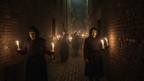 a mysterious group of figures featuring masks and candles walks through a dark alley, creating an eerie and suspenseful atmosphere in the heart of the night