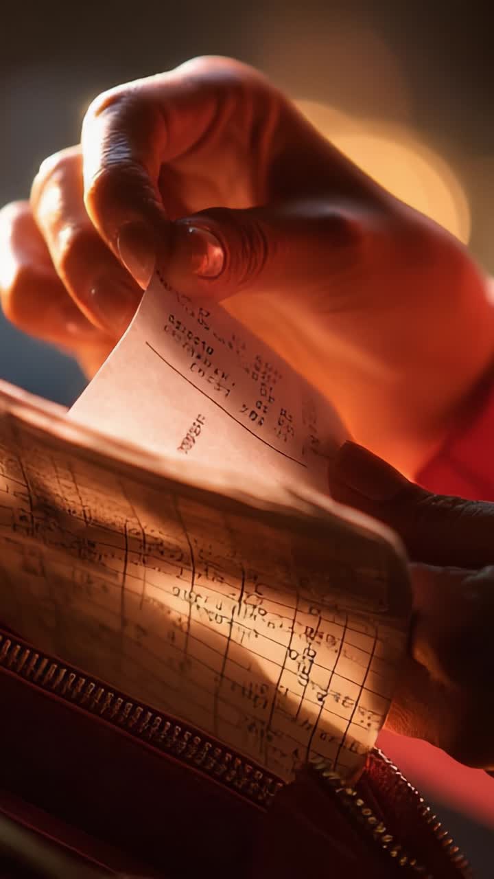 Examining an Old Document: A Close-Up of Hands Unfolding Historical Sheets with Text and Numerical Data in a Soft, Warm Light