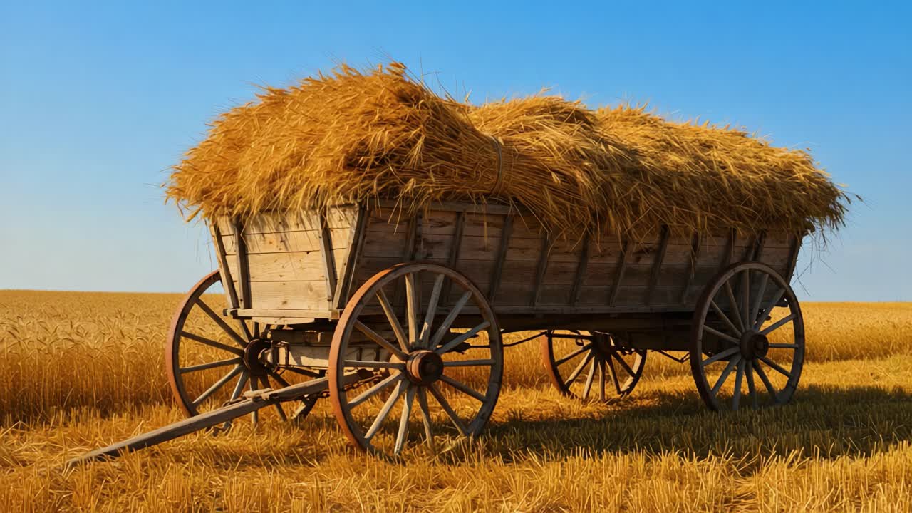 A Rustic Wooden Wagon Loaded with Golden Straw Under a Clear Blue Sky in a Bountiful Field of Wheat, Capturing the Essence of Harvest Season and Rural Life