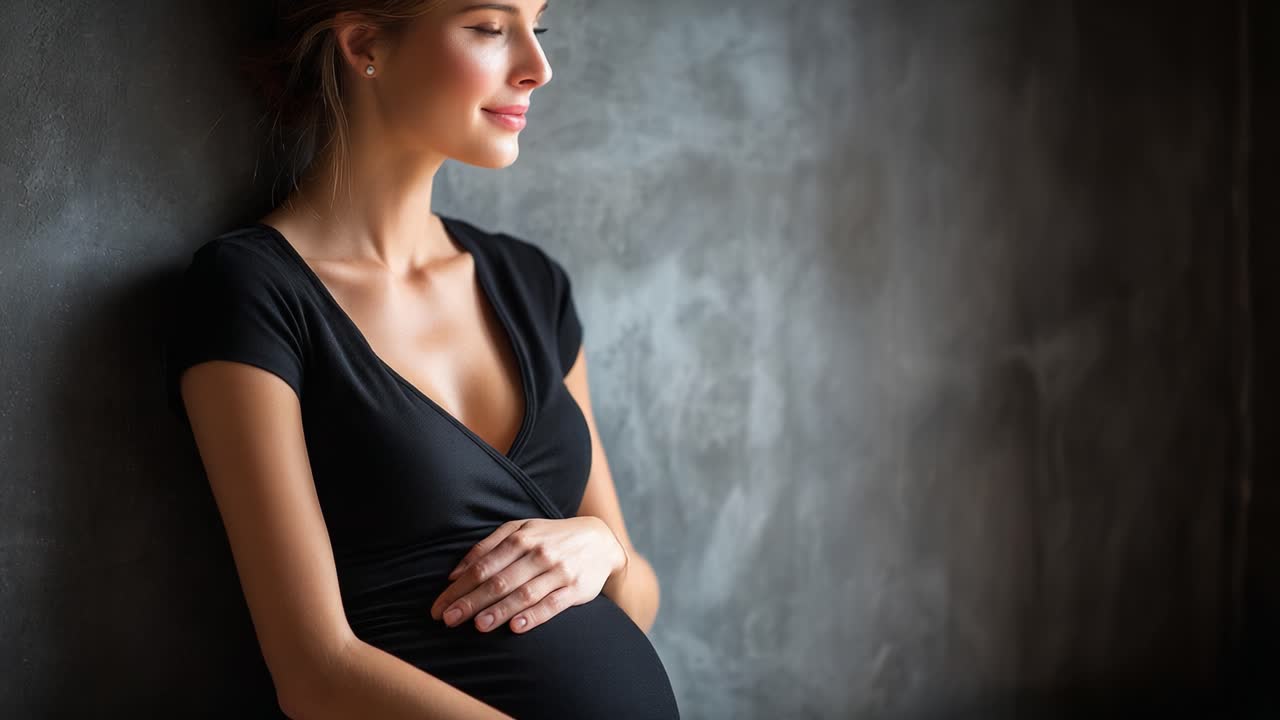 A Captivating Journey of Motherhood: A Radiant Expectant Woman Embracing Her Pregnancy with Poise Against a Soft, Textured Background
