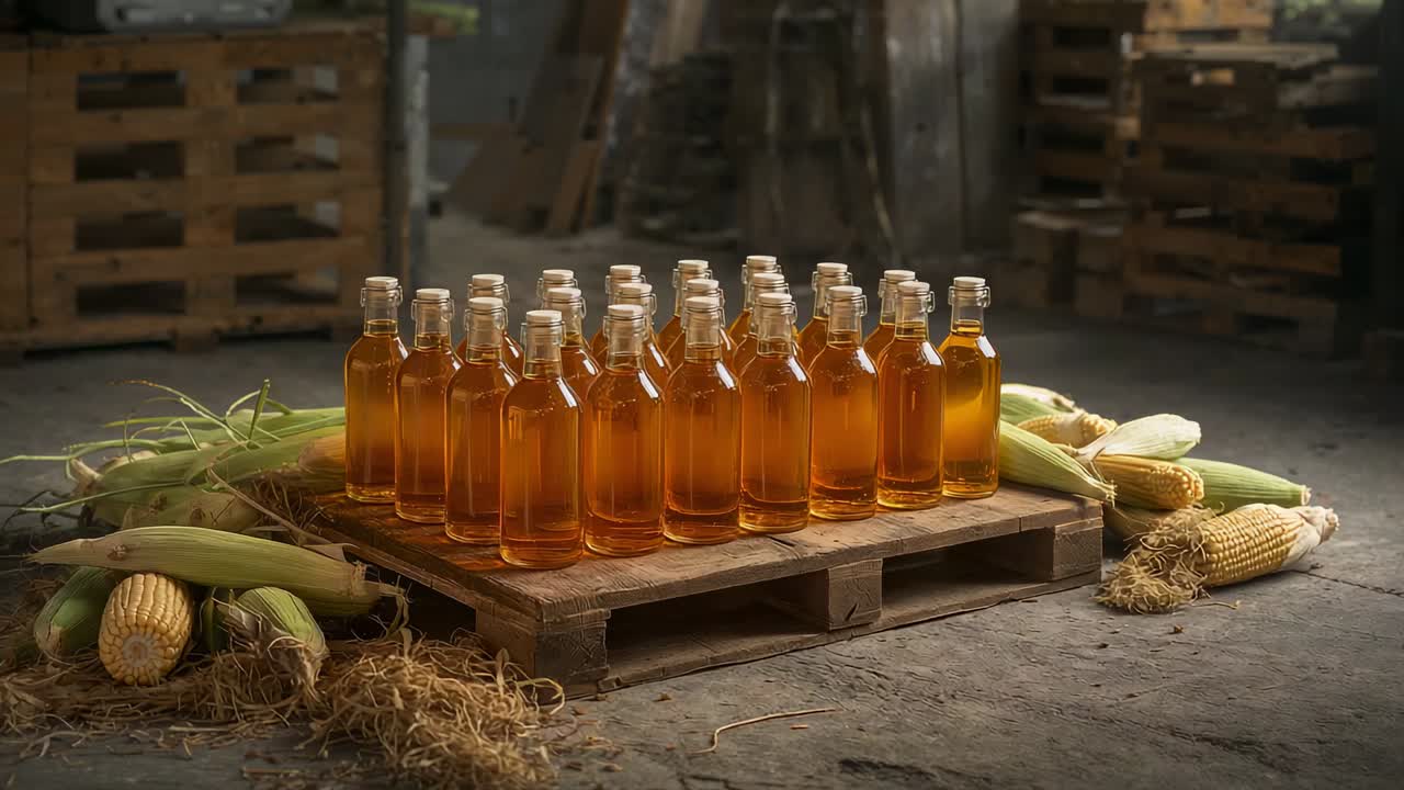 Moving camera forward and panning right in barn showcasing glass bottles of oil on wooden pallet