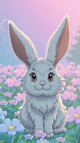 a cute, fluffy rabbit in a colorful flower field, drawn in anime style