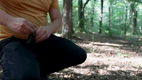 tourists tie a bag with tent anchors and prepare to leave the forest campsite