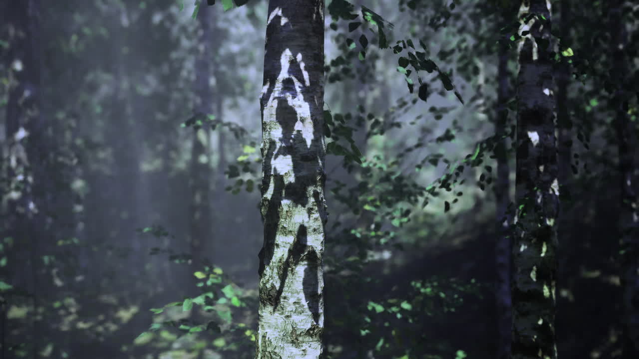 Sunlight filtering through trees in a tranquil forest setting