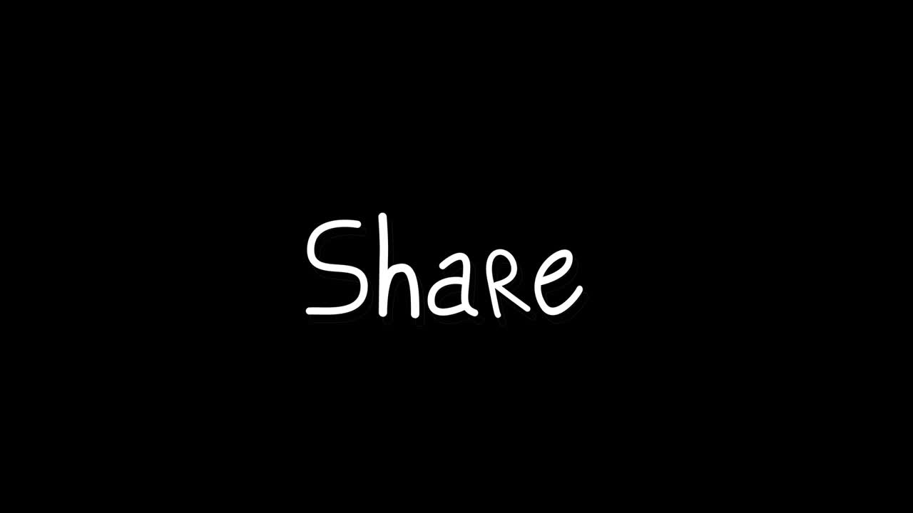Animation of purple shapes over share text on black background