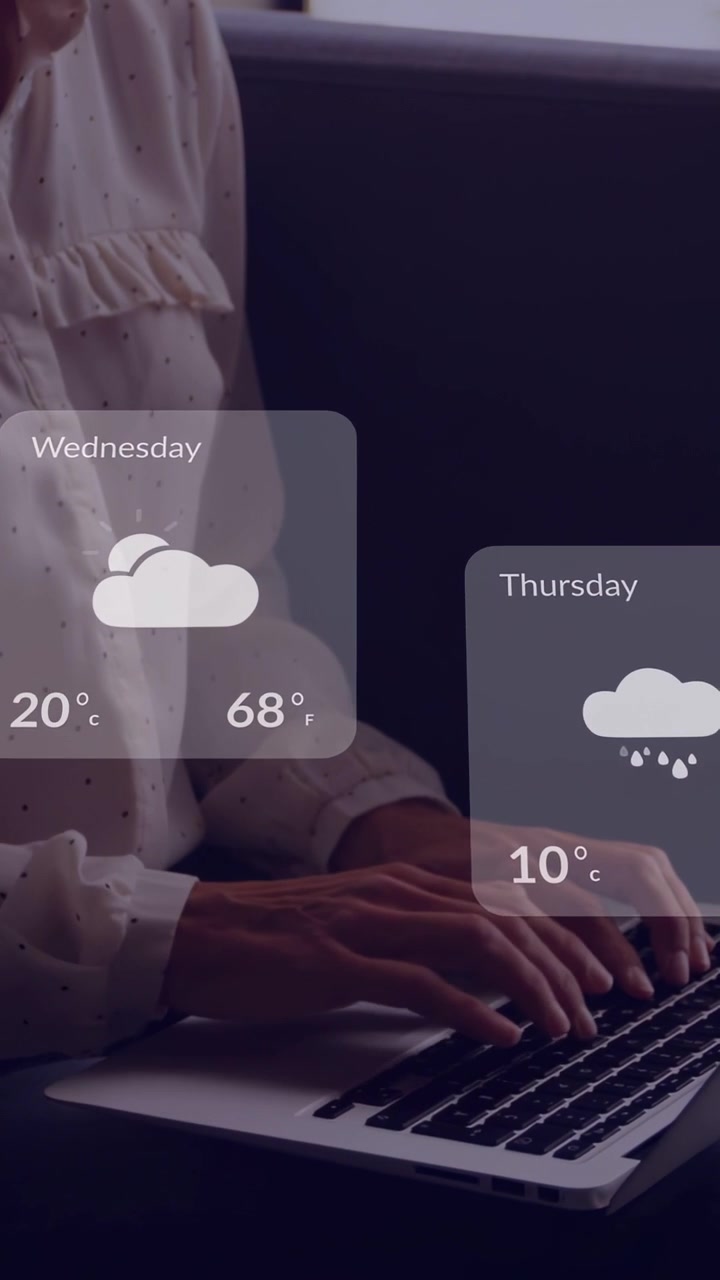 Vertical video: Woman on sofa opening weather app, typing with cards sliding over keys to plan week