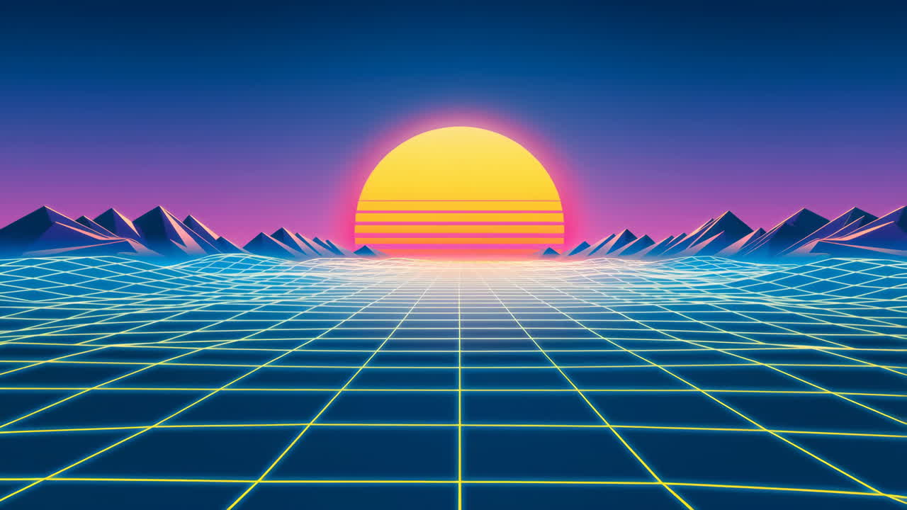 Retro-futuristic Synthwave Grid Landscape with Sunset