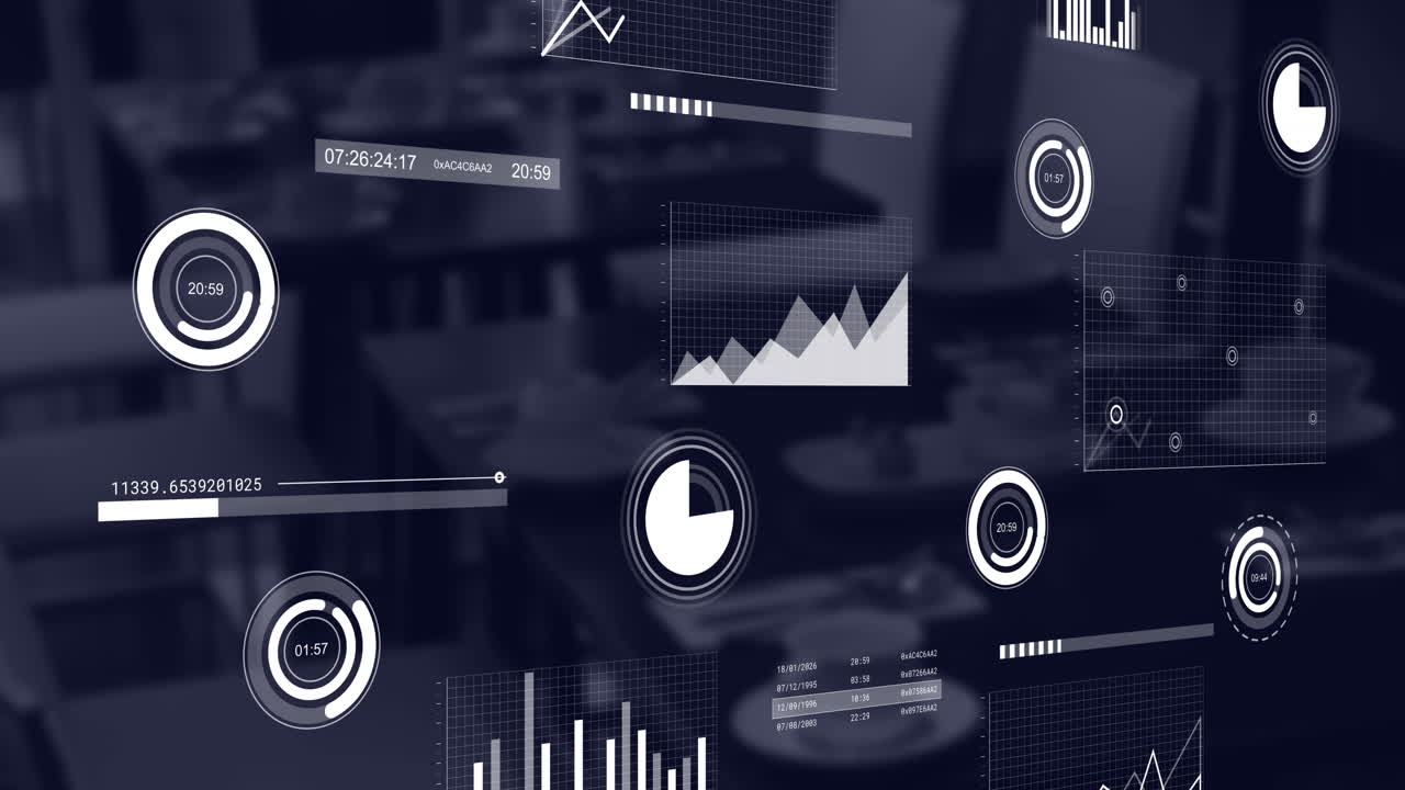 Animation of loading circles, multiple graphs and timer over place setting on dining table
