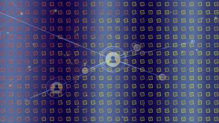 Animation of shapes over network of connections with icons on blue background