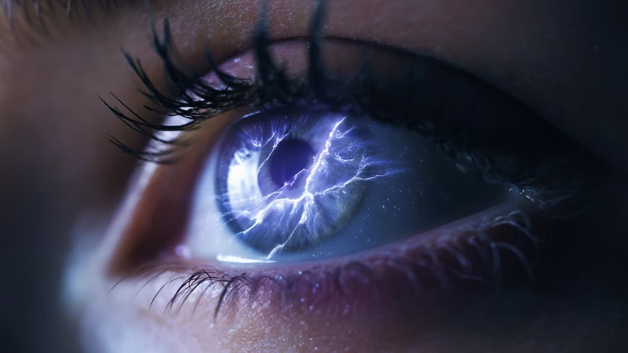 A close-up look at an eye showcasing an electrifying and captivating storm-like design within the iris, highlighting the mesmerizing beauty and depth of the human gaze with sparkling energy details
