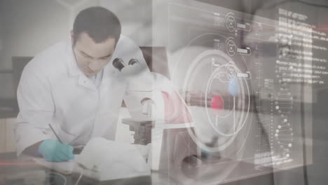 animación de procesamiento de datos sobre científico caucásico masculino usando el microscopio