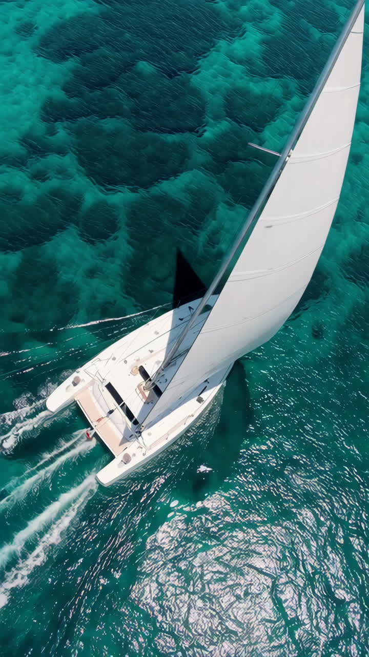 Aerial view of a catamaran sailing in turquoise water