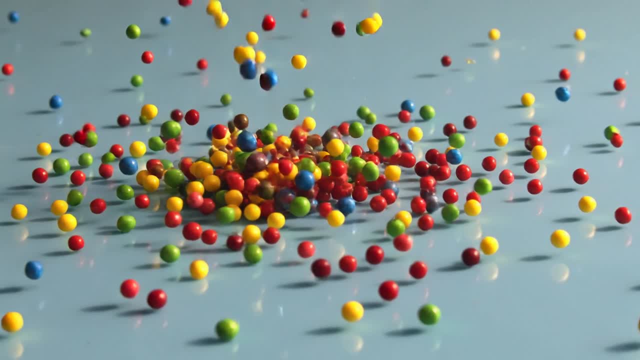 Falling glossy spheres dropping off-frame, striking central pile, scattering across pale-blue table