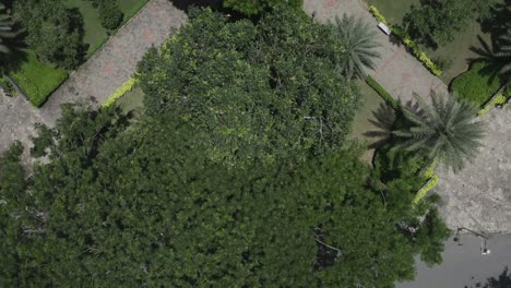 long shot top down symmetrical aerial view of modern urban park featuring lakes, lush gardens, bridges, green space, pathways and trees