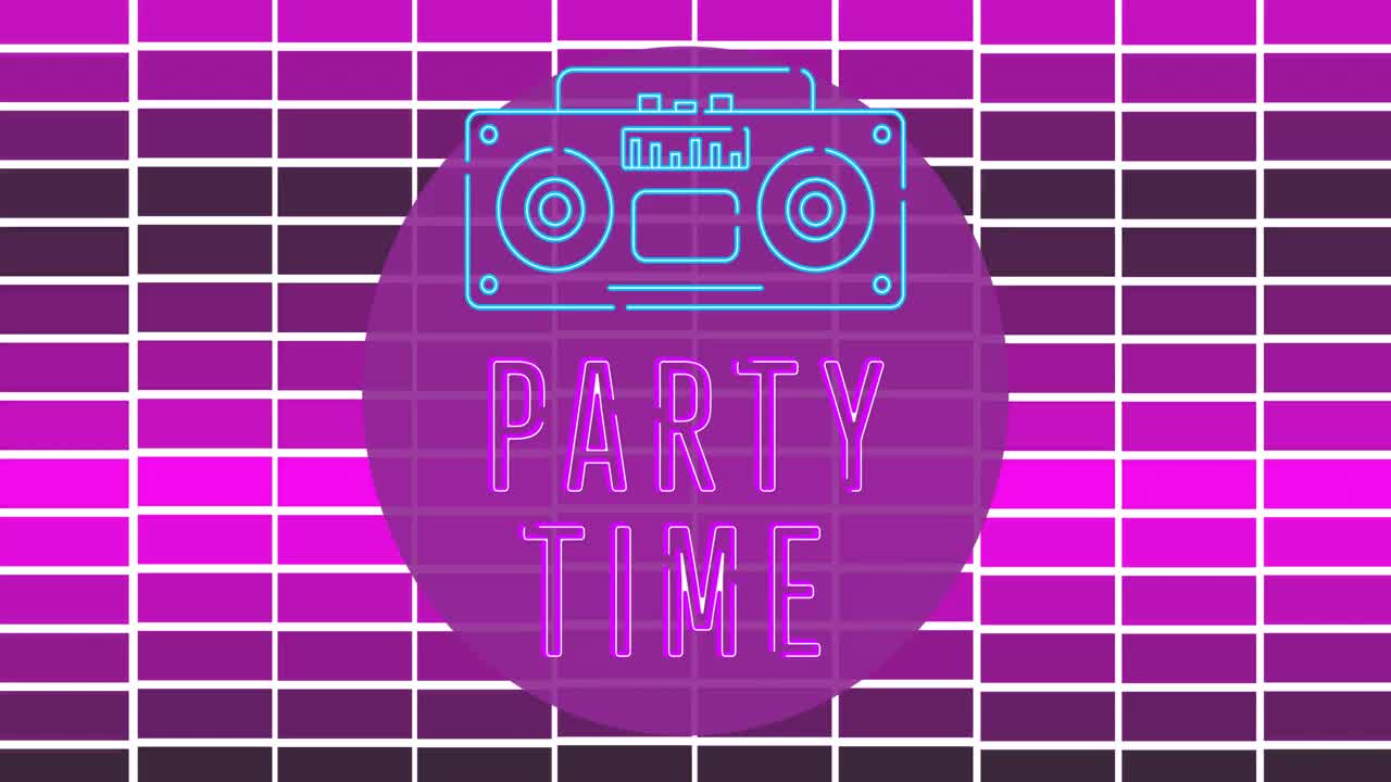 파티 타임 텍스트를 보라색 배경에 그리드 위에 애니메이션