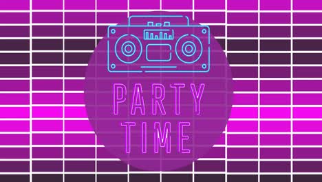 animation von party-zeit-text über gitter auf lila hintergrund