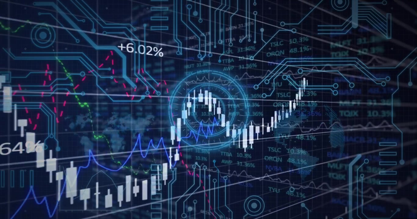 Connessioni di microprocessori ed elaborazione di dati finanziari su scanner rotondo al neon su sfondo blu