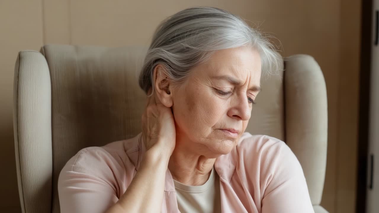 Zooming camera showing senior woman touching neck for relief in armchair, wearing pink cardigan