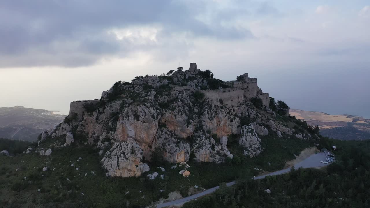Aerial view of the historic Kantara Castle located on the mountain overlooking the Karpasia Peninsula