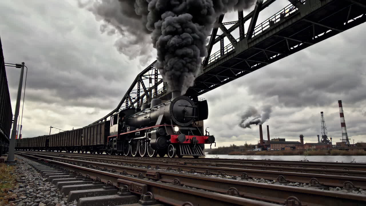 Vintage Steam Train Crossing a Bridge