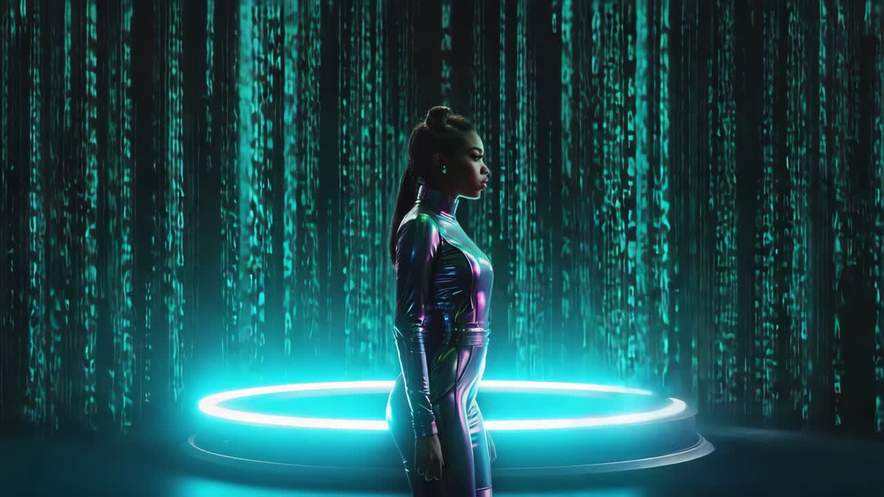 Futuristic Cyberpunk Woman in Neon Matrix