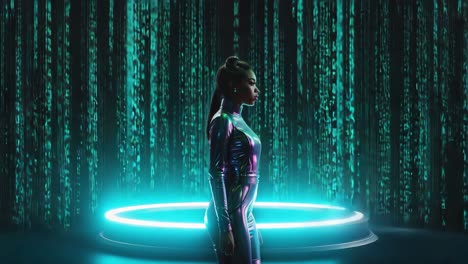 futuristic cyberpunk woman in neon matrix