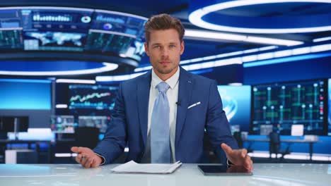 beginning of tv live news program: white male presenter reporting, talking charismsmatically, discussing daily events. television cable channel anchor talks politics, science. playback newsroom studio