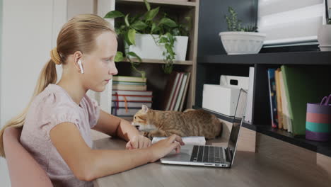 La-Niña-Está-Ocupada-Con-Una-Computadora-Portátil-En-Su-Habitación,-Junto-A-Ella-Hay-Un-Gato-Rojo