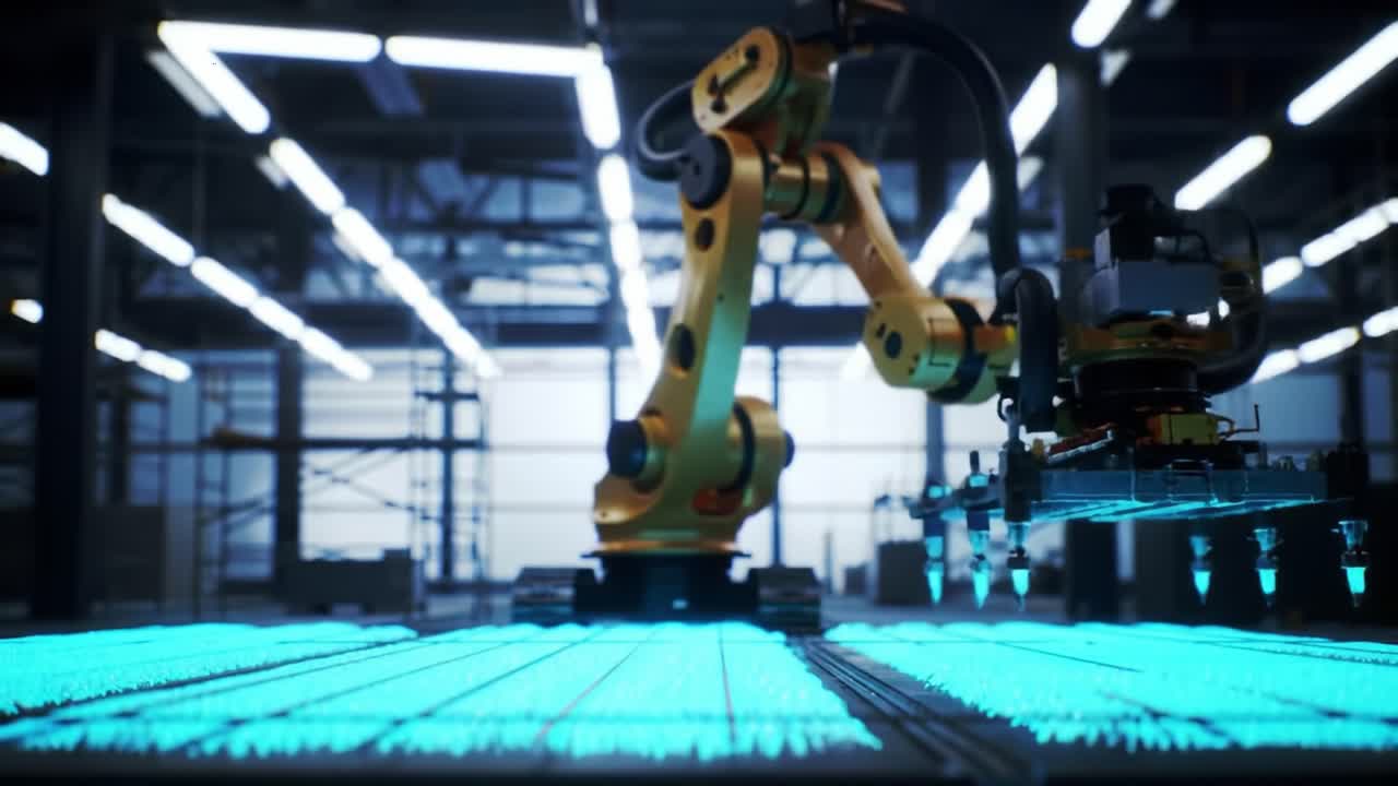 Automated Robotic Arm Engaged in Precision Task Over Neon Blue Surface in Modern Industrial Environment