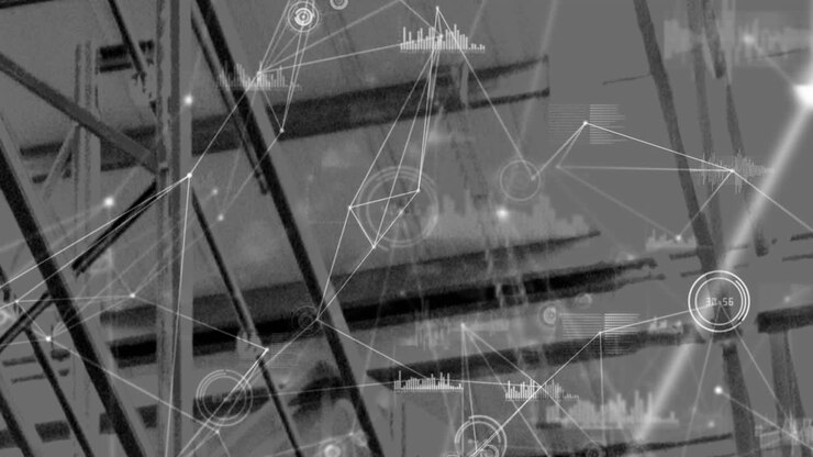 Animation of network of connections over shelves in warehouse