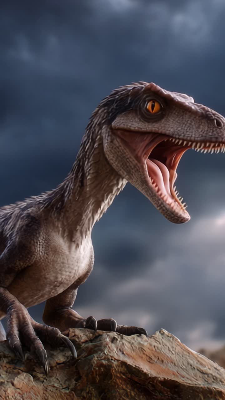 Una maestosa specie di dinosauro in pose dinamiche contro un cielo drammatico, che mostra la sua espressione feroce e le sue caratteristiche realistiche in un rendering digitale mozzafiato.