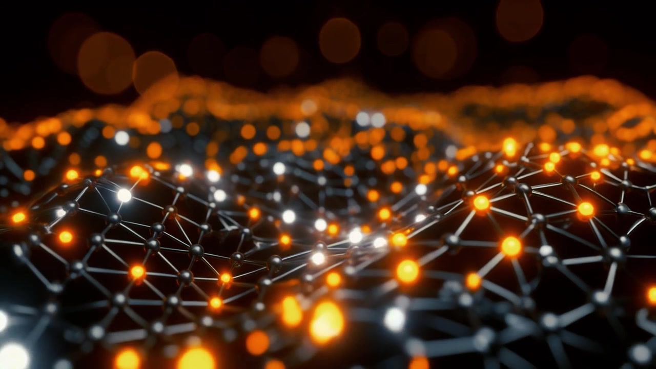 Abstrakt digital netværksbølge med glødende orange og hvide noder
