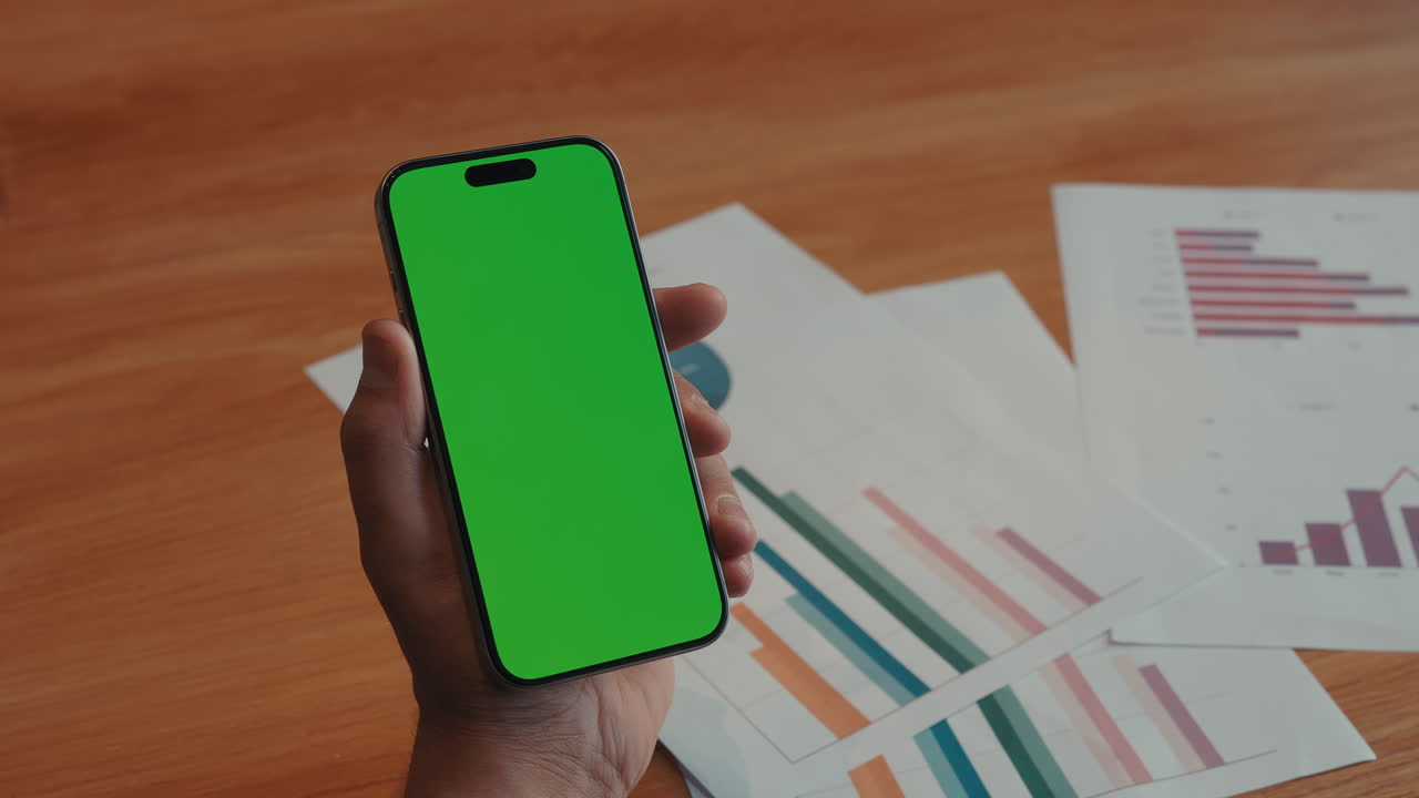 Mano che tiene uno smartphone con schermo verde su un tavolo di legno con documenti aziendali