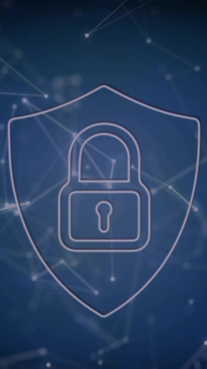 Animazione di icona di lucchetto di sicurezza e rete di connessioni su sfondo blu.