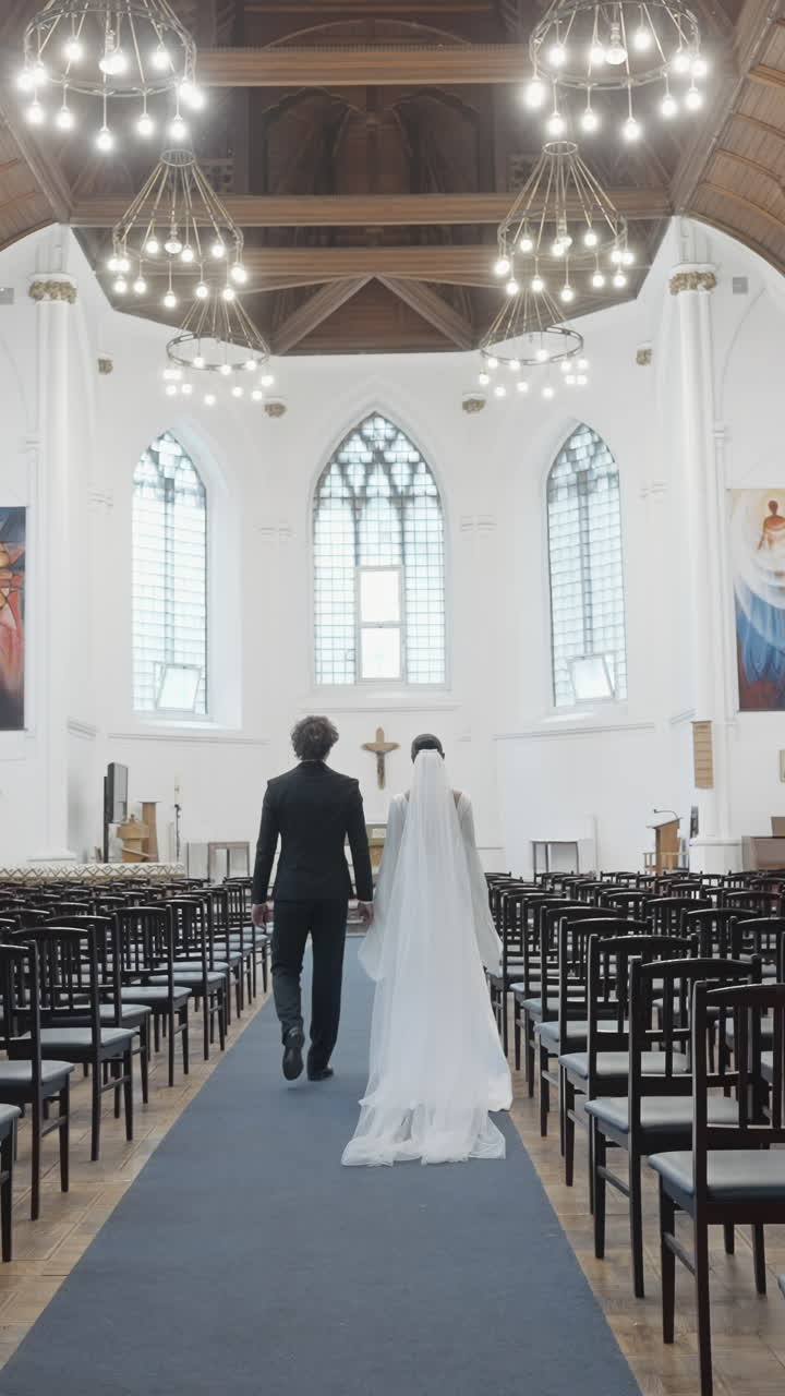 Coppia che percorre la navata a un matrimonio in chiesa