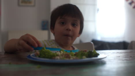 CLOSEUP-Footage-of-a-kid-having-meal-of-Beef-burgers-and-broccoli-at-home